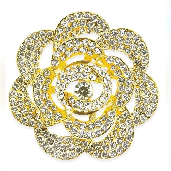 Rose Flower Gold-Tone Crystal Pin Brooch NWT - Picture 1 of 3